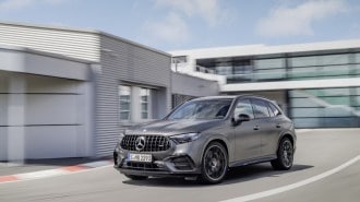 The 2025 Mercedes-AMG GLC63 seen from a front quarter angle