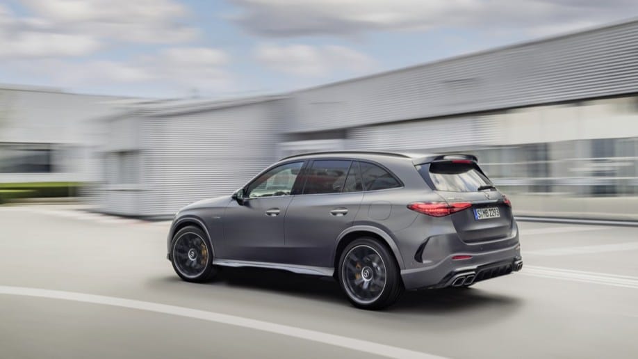 The 2025 Mercedes-AMG GLC63 seen from a rear quarter angle
