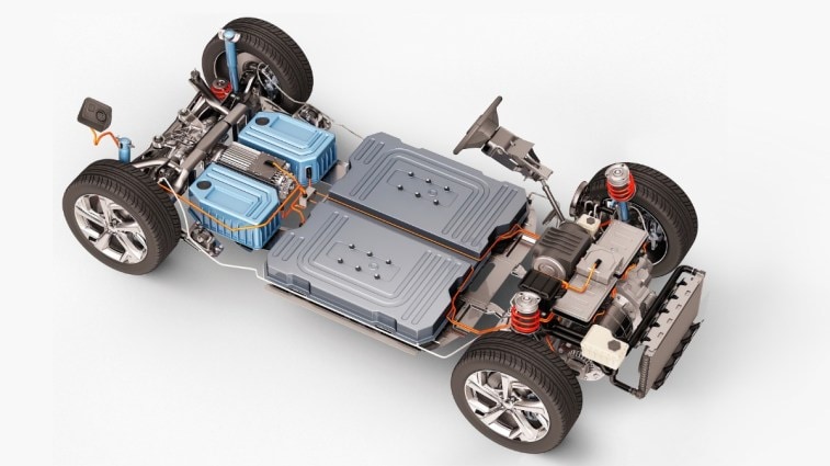 Electric car chassis with batteries and components