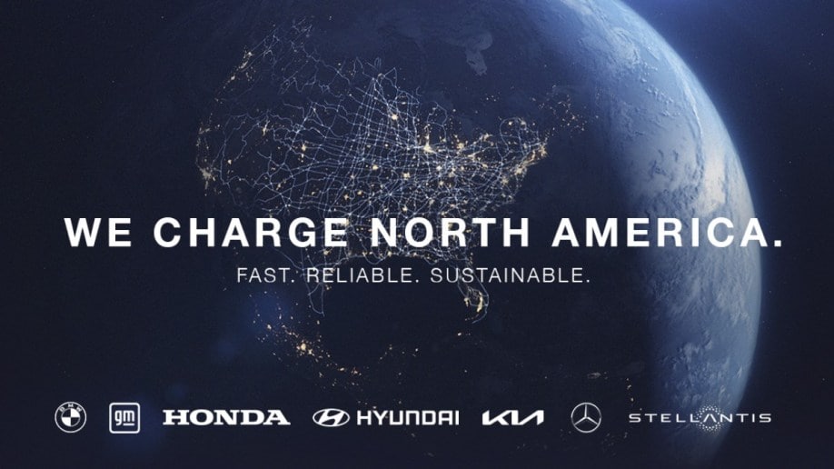 A graphic announcing that seven automakers will join together to build their own EV charging network