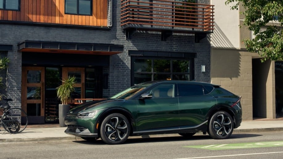 The 2023 Kia EV6 North American Utility Vehicle of the Year Edition seen in profile