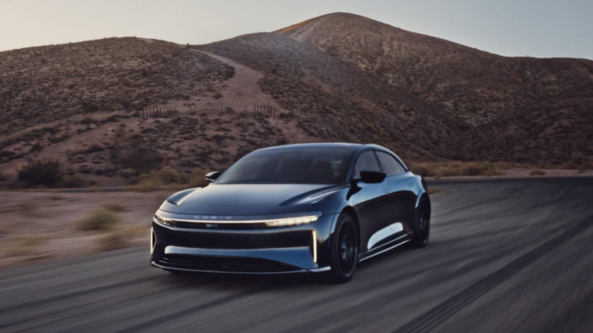 The Lucid Air Sapphire seen from a front quarter angle