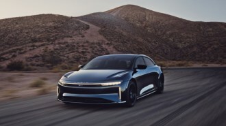 The Lucid Air Sapphire seen from a front quarter angle