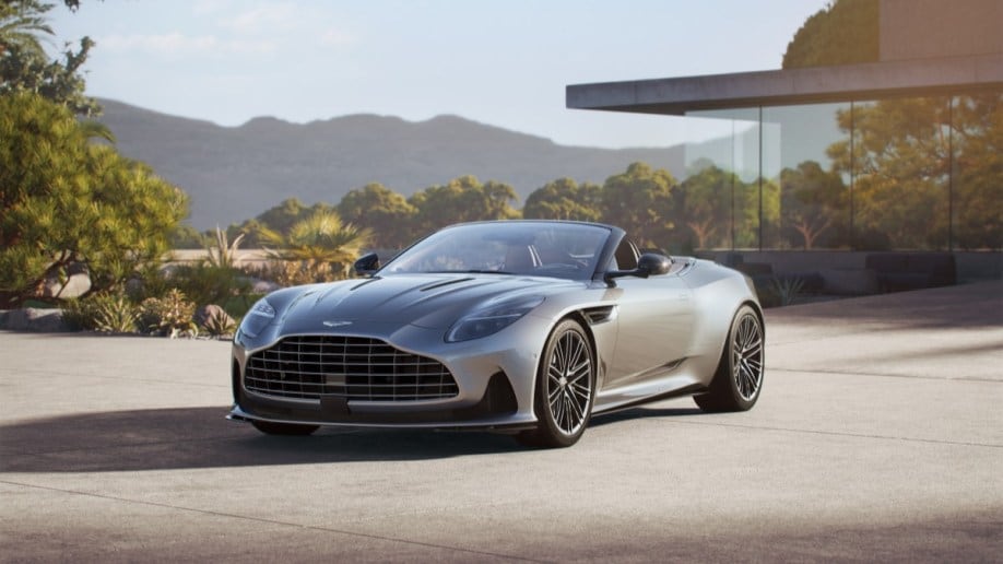 The Aston Martin DB12 Volante seen from a front quarter angle