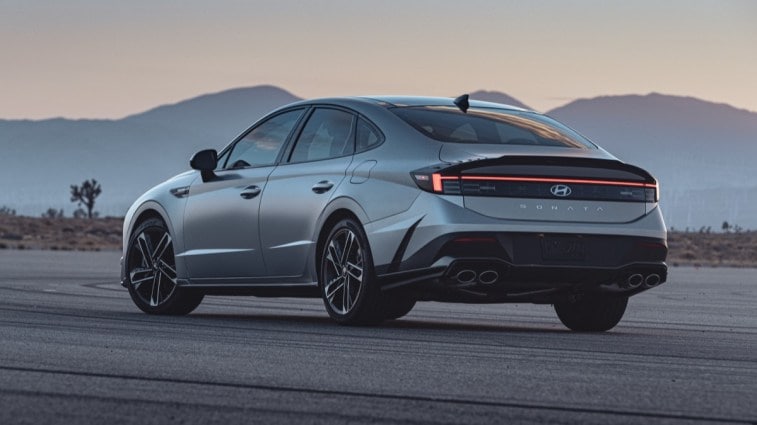 The 2024 Hyundai Sonata from a rear quarter angle