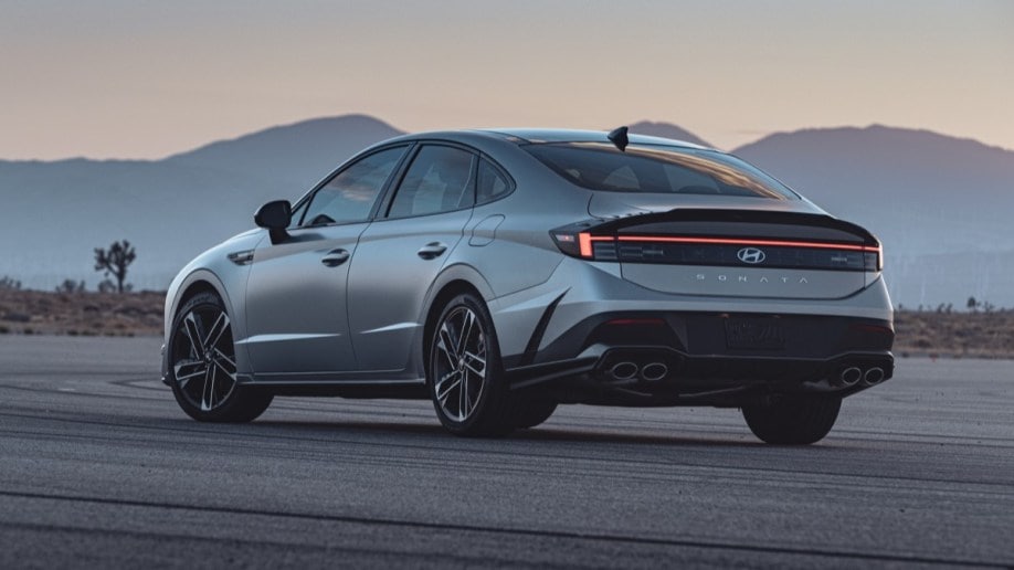 The 2024 Hyundai Sonata from a rear quarter angle
