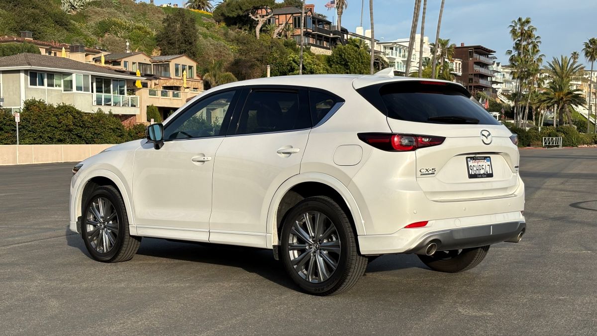 Rear view of the 2024 Mazda CX-5 Turbo Signature in Rhodium White Metallic