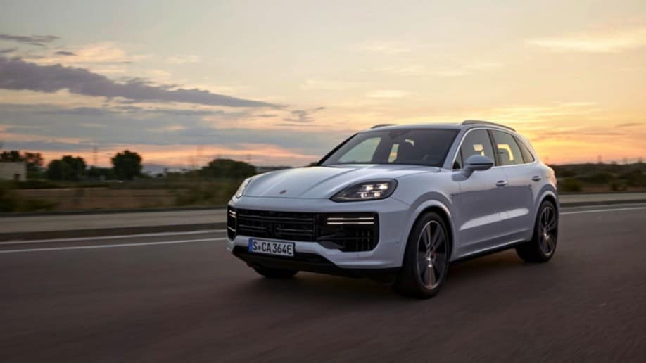The 2024 Porsche Cayenne Turbo E-Hybrid seen from a front quarter angle