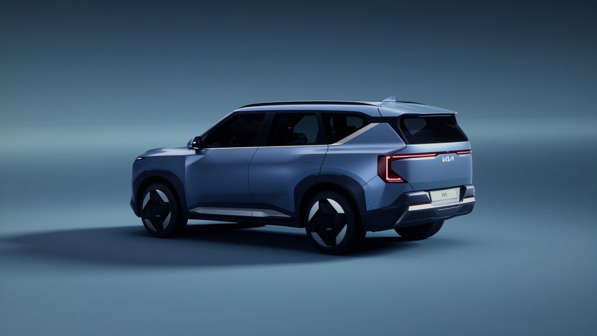 The 2025 Kia EV5 seen from a rear quarter angle