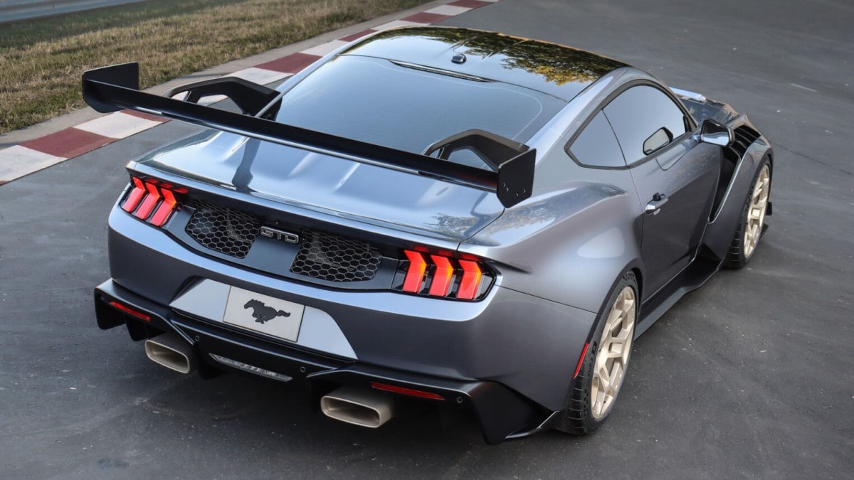 The 2025 Ford Mustang GTD seen from a rear quarter angle