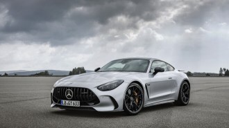 The 2025 Mercedes-AMG GT Coupe seen from a front quarter angle