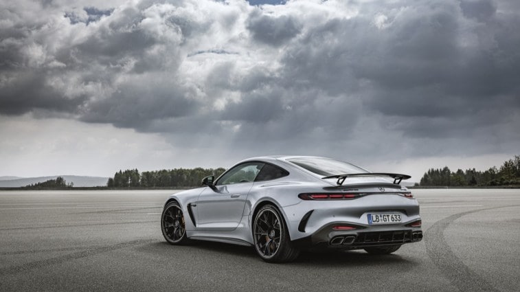 The 2025 Mercedes-AMG GT Coupe seen from a rear quarter angle