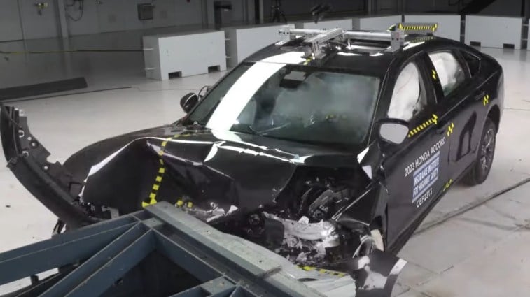 The Insurance Institute for Highway Safety performs a frontal offset crash test on a 2023 Honda Accord