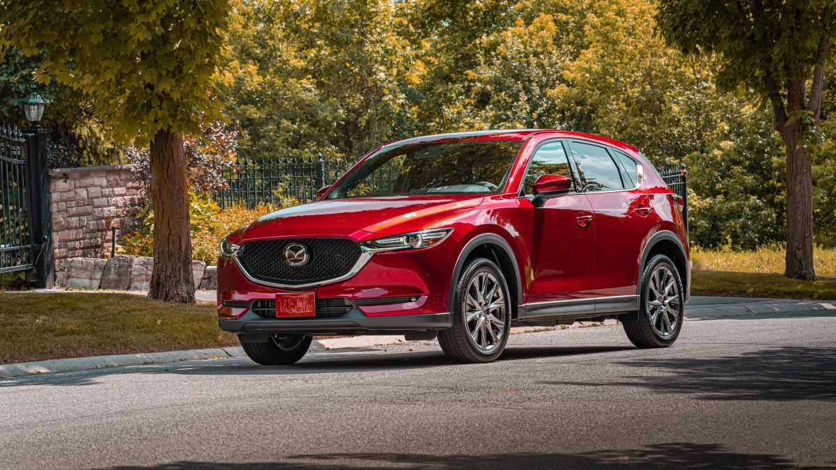 The 2020 Mazda CX-5 Signature seen from a front quarter angle