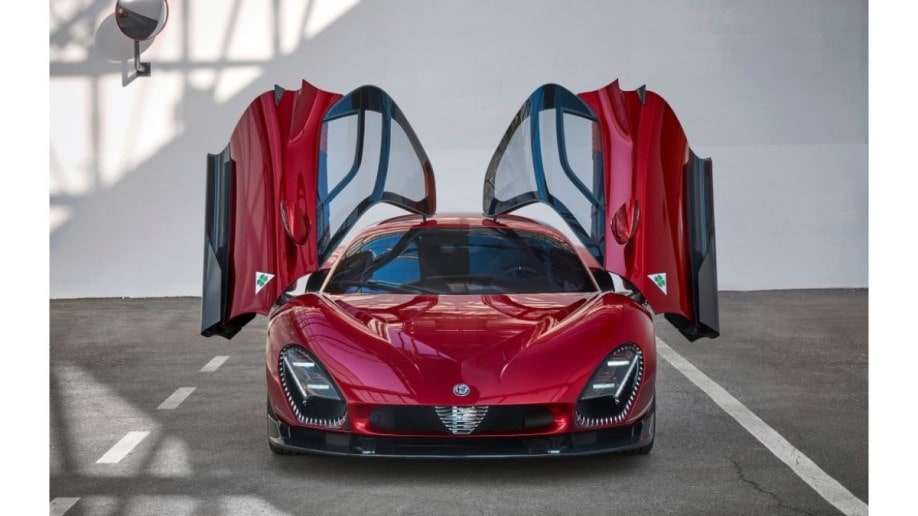 The 2024 Alfa Romeo 33 Stradale seen from head on, doors open