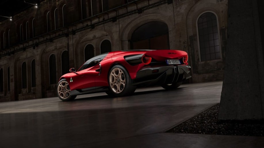 The 2024 Alfa Romeo 33 Stradale seen from a rear quarter angle