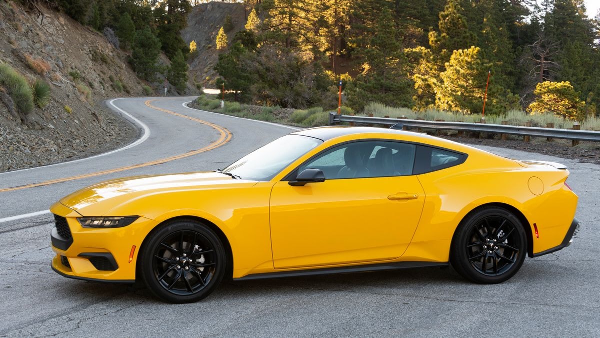 2024 Ford Mustang EcoBoost in yellow on Angeles Crest Hwy.