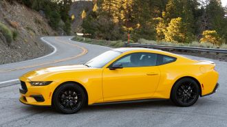 2024 Ford Mustang EcoBoost in yellow on Angeles Crest Hwy.