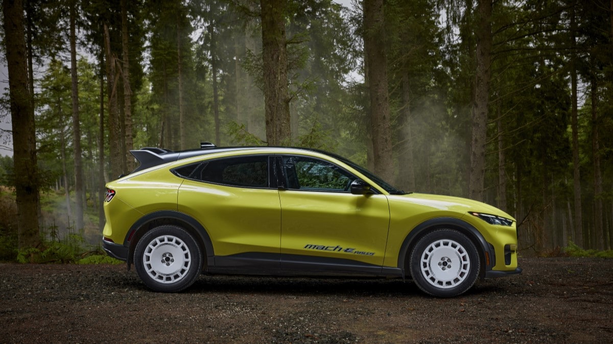 The 2024 Ford Mustang Mach-E Rally seen in profile