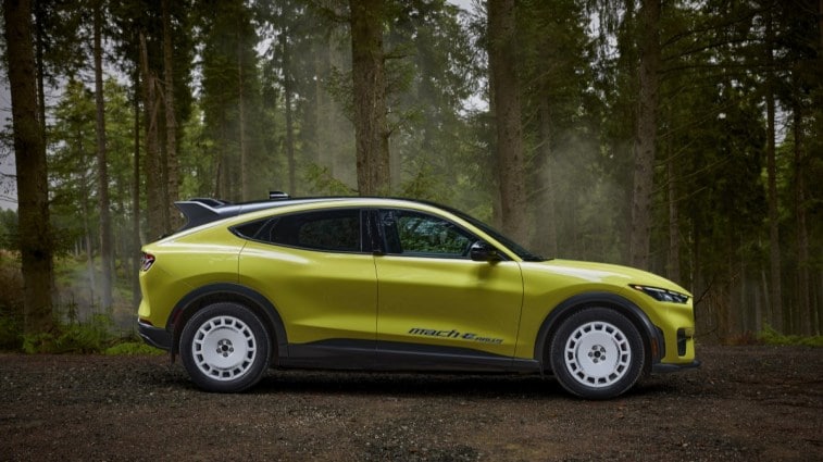The 2024 Ford Mustang Mach-E Rally seen in profile