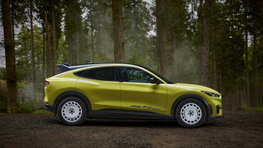 The 2024 Ford Mustang Mach-E Rally seen in profile