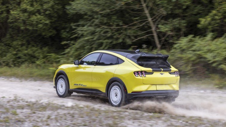 The 2024 Ford Mustang Mach-E Rally seen from a rear quarter angle