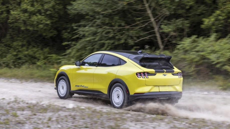 The 2024 Ford Mustang Mach-E Rally seen from a rear quarter angle