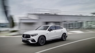 The 2024 Mercedes-AMG GLC coupe seen from a front quarter angle