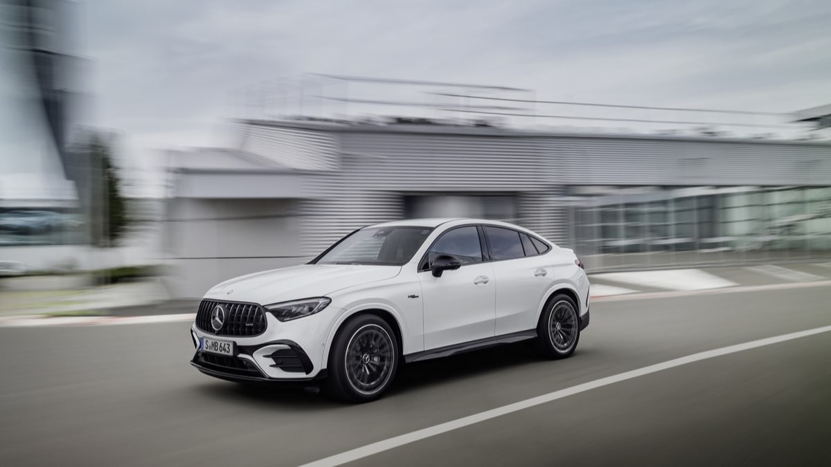 The 2024 Mercedes-AMG GLC coupe seen from a front quarter angle
