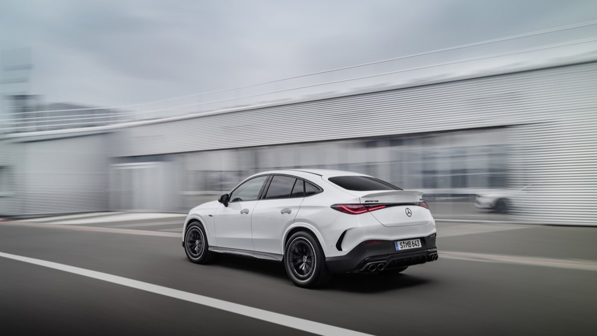 The 2024 Mercedes-AMG GLC coupe seen from a rear quarter angle