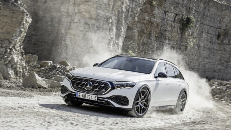 The 2024 Mercedes-Benz E-Class All-Terrain seen from a front quarter angle