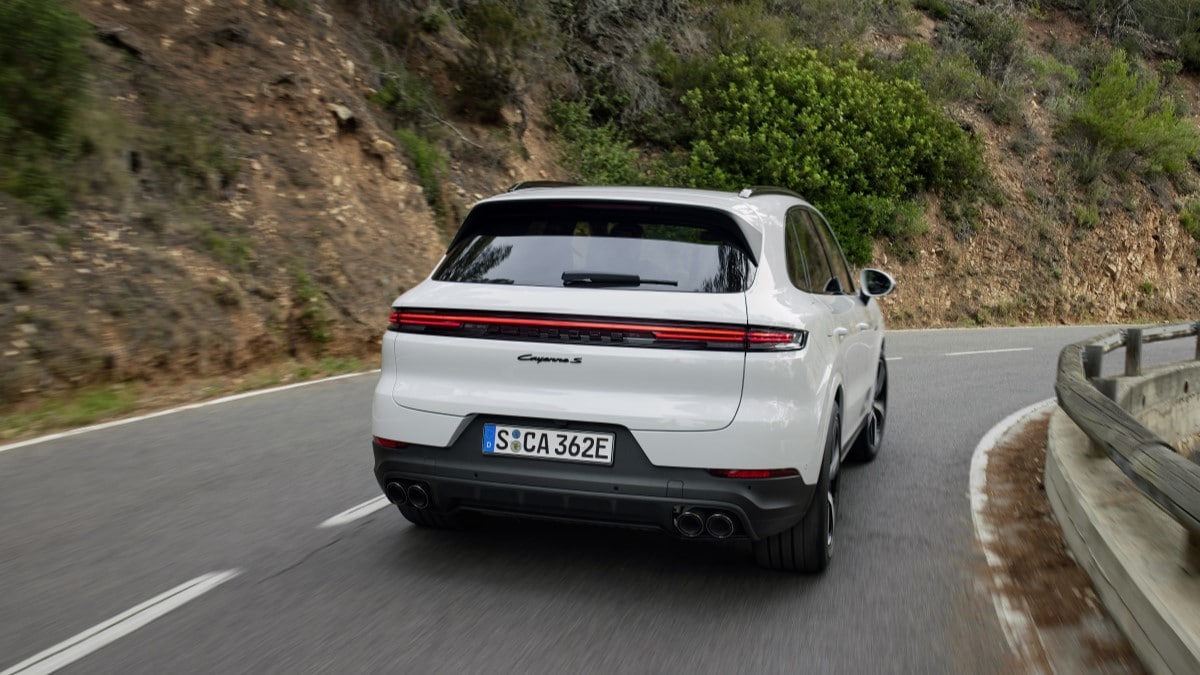 The 2024 Porsche Cayenne S E-Hybrid seen from a rear angle