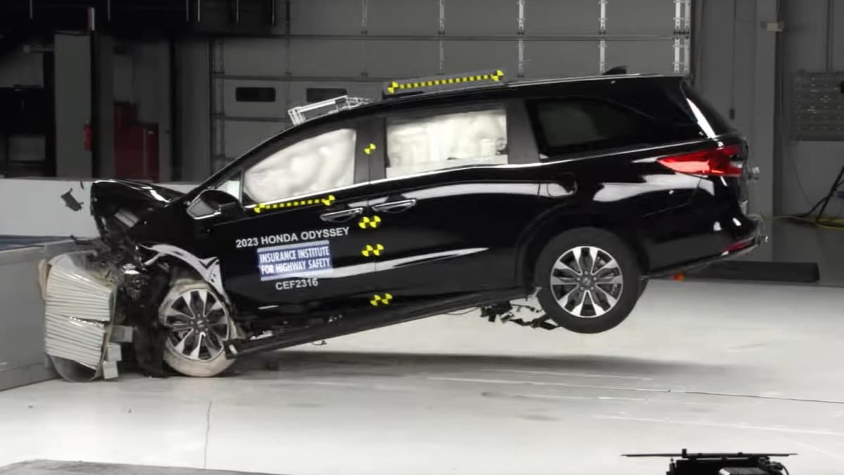 An Insurance Institute for Highway Safety frontal offset crash test of a 2023 Honda Odyssey minivan