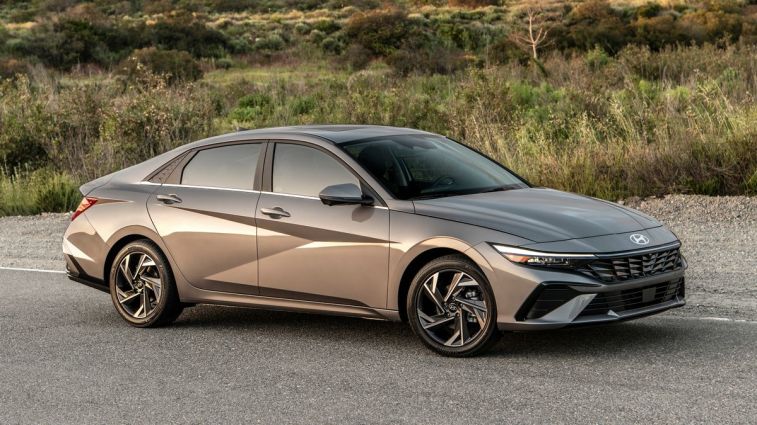 2024 Hyundai Elantra sedan in grey with shrubs in the background.