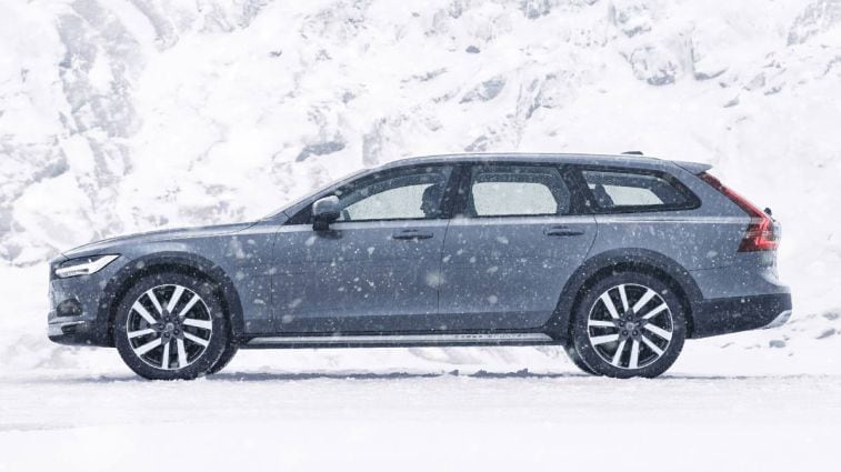 2024 Volvo V90 profile in the snow.