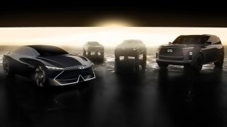 Four cars Infiniti unveiled at the 2023 Japan Mobility Show. From left to right, they are the Qe Vision Concept, the QXe Vision Concept, the QX65, and the next QX80.