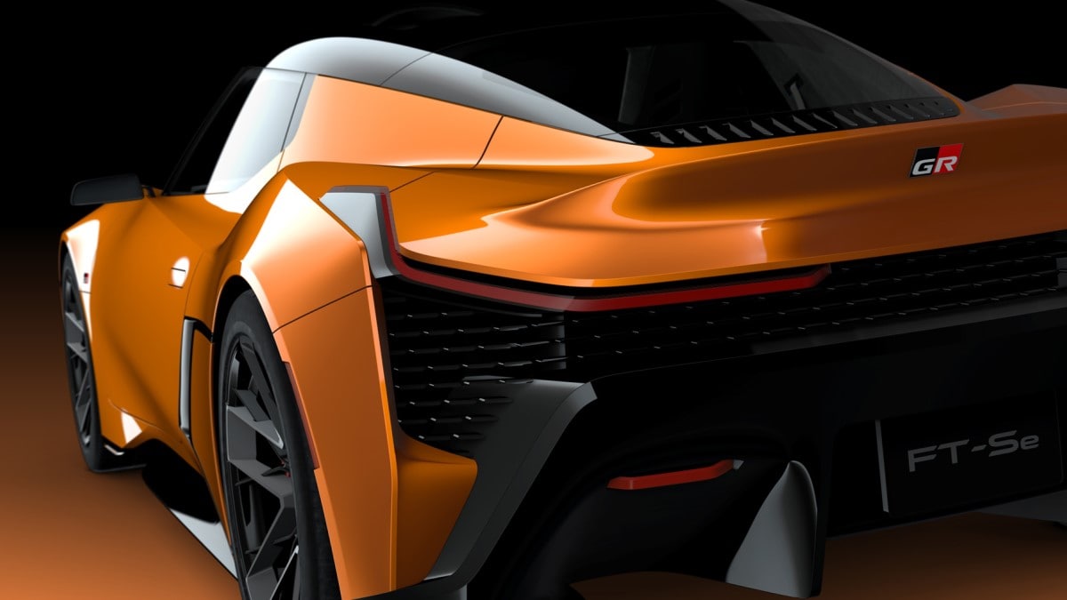 A teaser rendering of the Toyota FT-Se concept seen from a rear angle