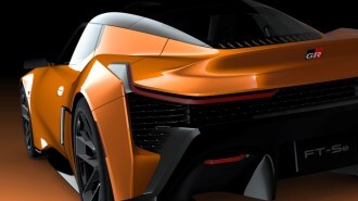A teaser rendering of the Toyota FT-Se concept seen from a rear angle