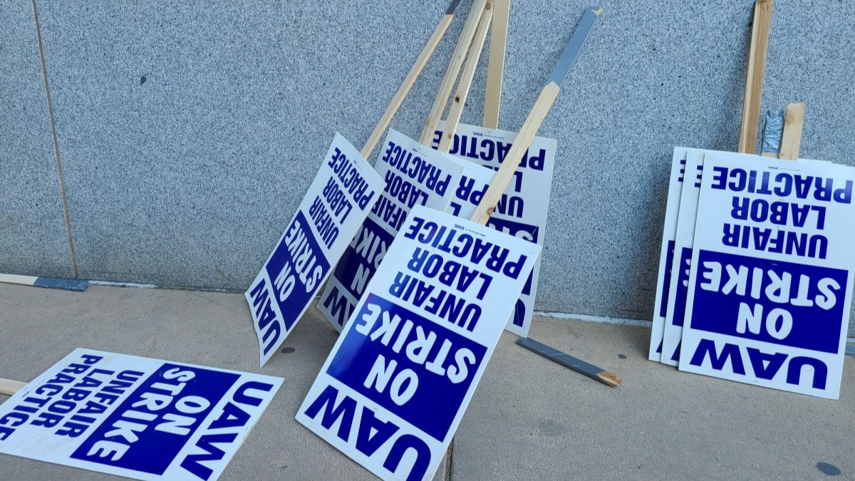 Discarded picket signs from the current auto worker strike