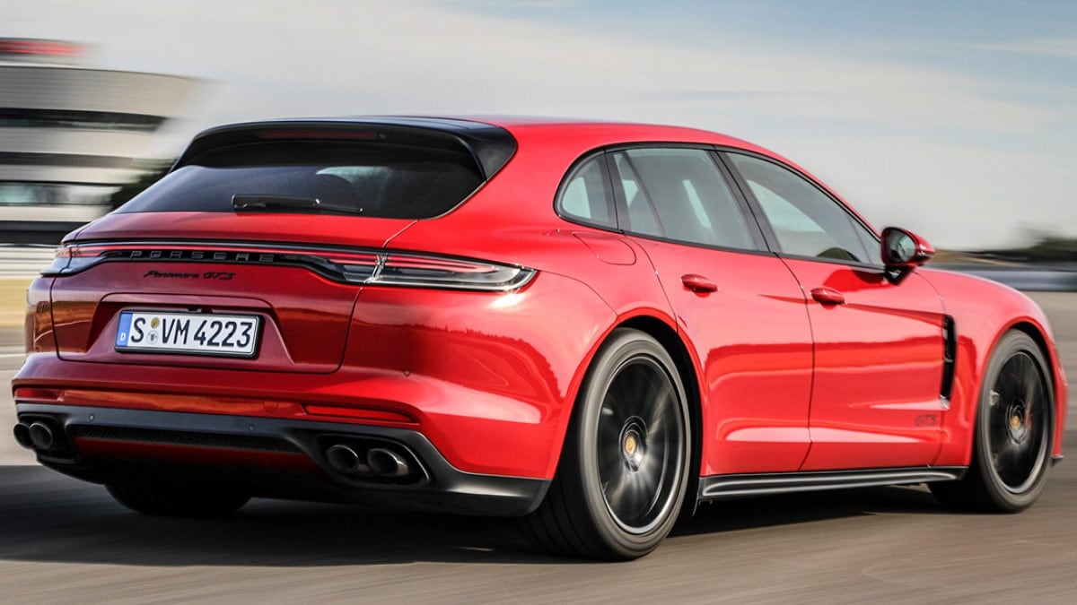 The 2020 Porsche Panamera Sport Turismo seen from a rear quarter angle