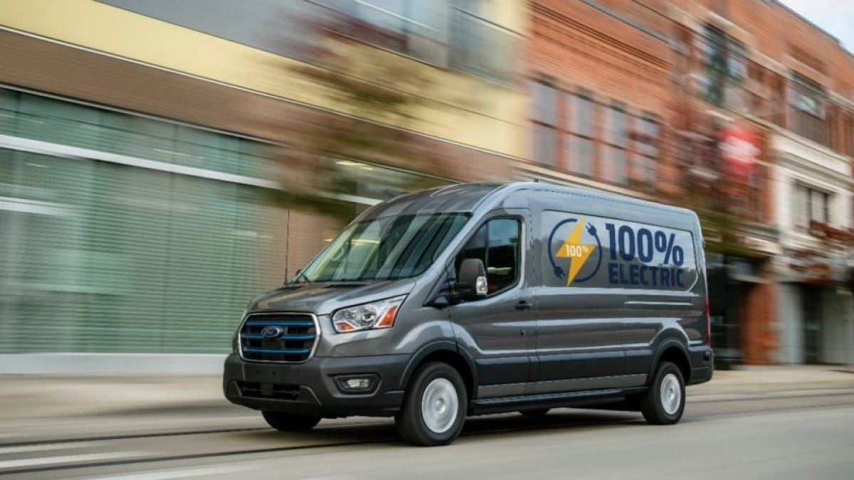 A 2023 Ford E-Transit electric van seen from a front quarter angle
