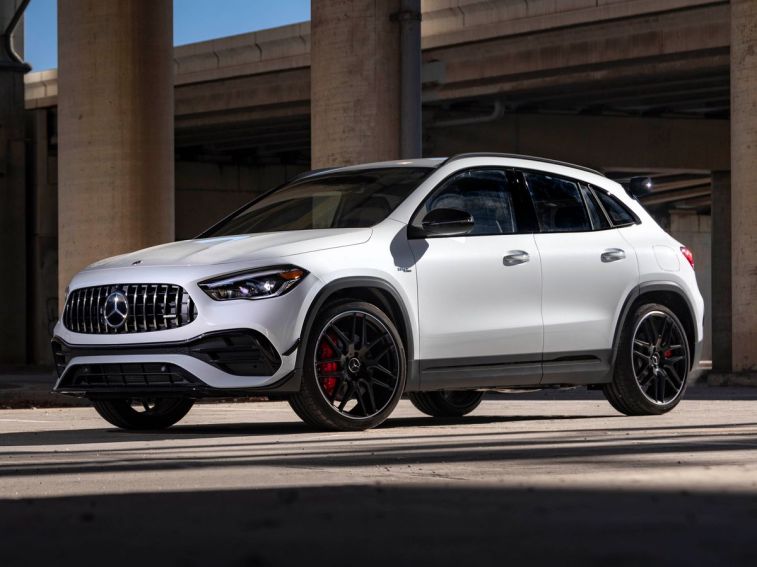 2023 Mercedes-Benz GLA 45 in white near cement columns.