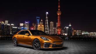 The 2024 Porsche Panamera seen in front of the Shanghai skyline