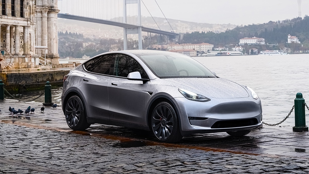 2024 Tesla Model Y in silver.