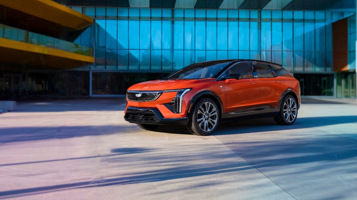 A teaser photo showing the Cadillac Optiq from a front quarter angle