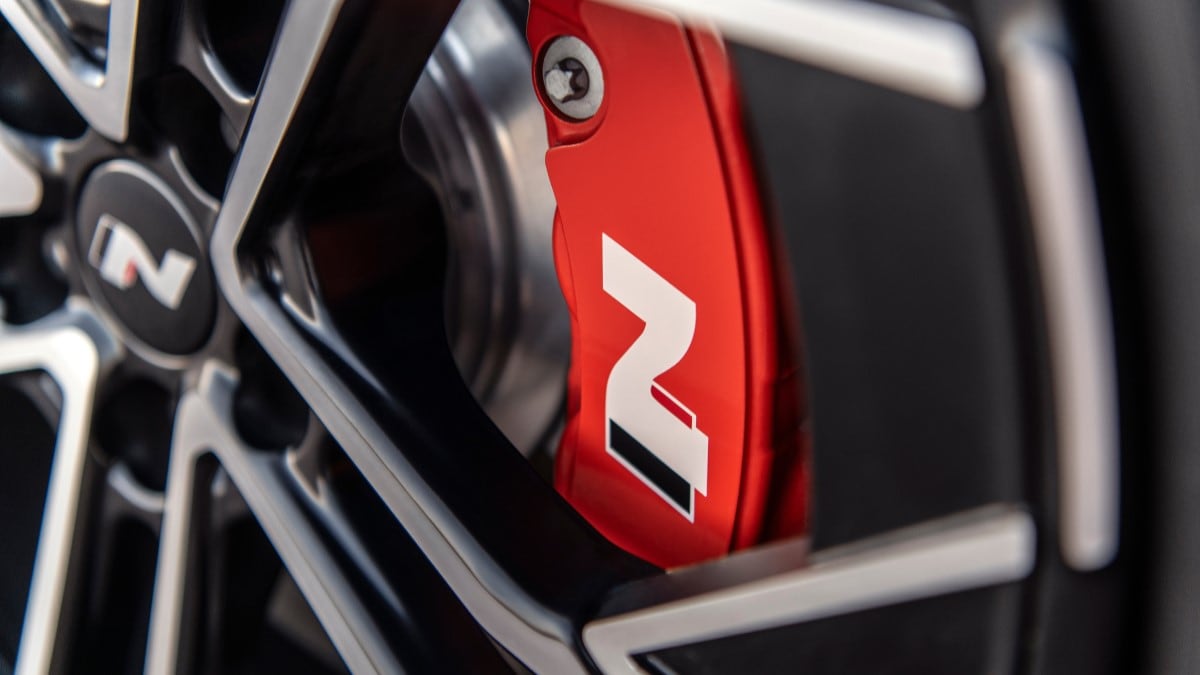 A detail showing the brake calipers of the 2025 Hyundai Ioniq 5 N