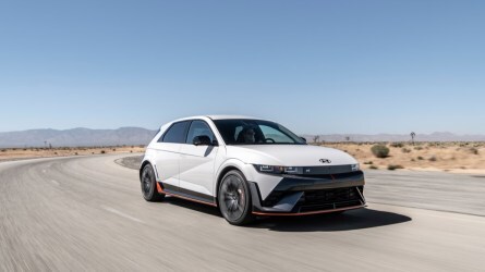 The 2025 Hyundai Ioniq 5 N seen from a front quarter angle