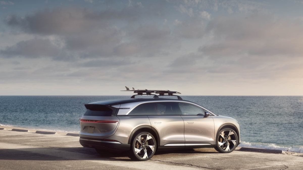 The 2025 Lucid Gravity seen from a rear quarter angle
