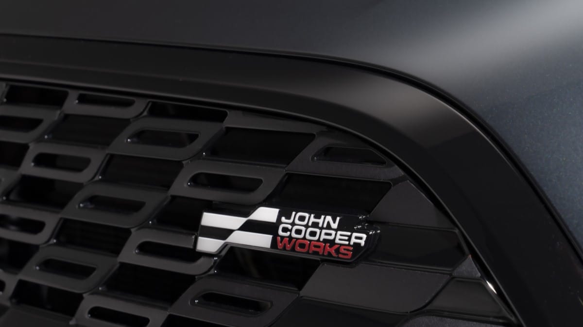 The new John Cooper Works badge in the grille of the 2025 Mini Countryman JCW