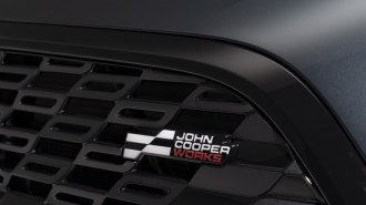The new John Cooper Works badge in the grille of the 2025 Mini Countryman JCW